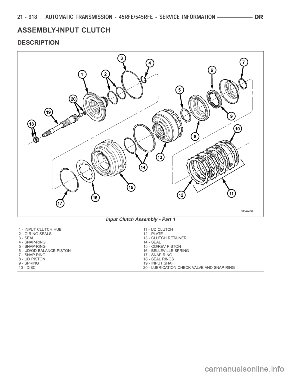 DODGE RAM SRT-10 2006  Service Repair Manual ASSEMBLY-INPUT CLUTCH
DESCRIPTION
Input Clutch Assembly - Part 1
1 - INPUT CLUTCH HUB 11 - UD CLUTCH
2 - O-RING SEALS 12 - PLATE
3 - SEAL 13 - CLUTCH RETAINER
4 - SNAP-RING 14 - SEAL
5 - SNAP-RING 15 