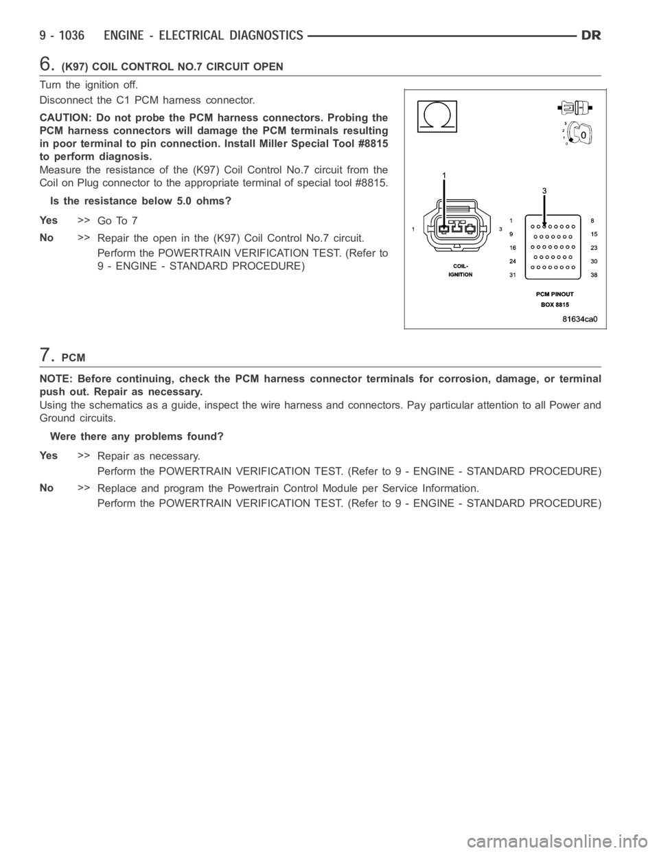 DODGE RAM SRT-10 2006 Service Repair Manual 6.(K97) COIL CONTROL NO.7 CIRCUIT OPEN
Turn the ignition off.
Disconnect the C1 PCM harness connector.
CAUTION: Do not probe the PCM harness connectors. Probing the
PCM harness connectors will damage DODGE RAM SRT-10 2006 Service Repair Manual 6.(K97) COIL CONTROL NO.7 CIRCUIT OPEN
Turn the ignition off.
Disconnect the C1 PCM harness connector.
CAUTION: Do not probe the PCM harness connectors. Probing the
PCM harness connectors will damage