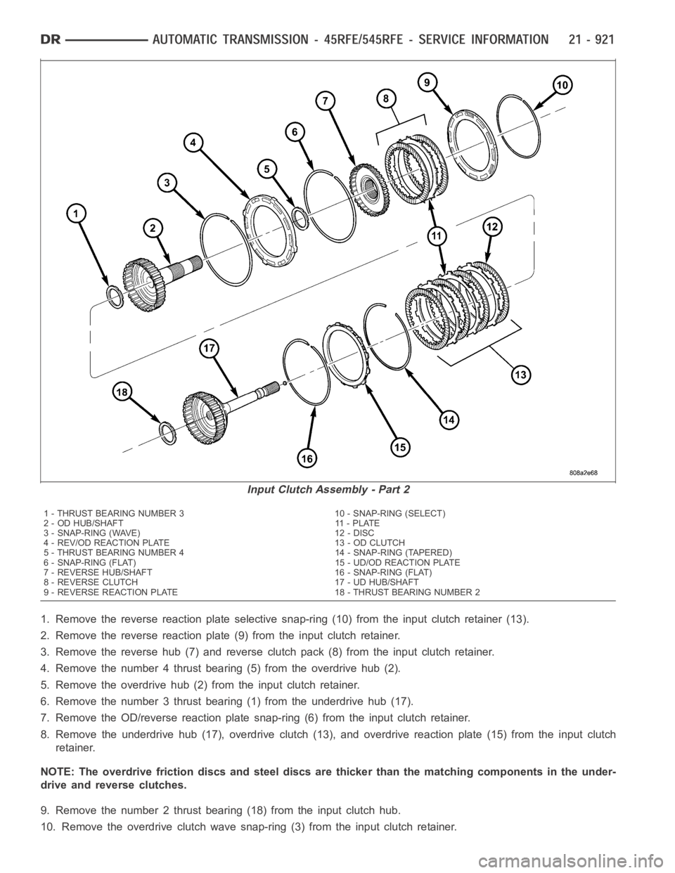 DODGE RAM SRT-10 2006 Service Repair Manual 1. Remove the reverse reaction plate selective snap-ring (10) from the input clutch retainer (13).
2. Remove the reverse reaction plate (9) from the input clutch retainer.
3. Remove the reverse hub (7 DODGE RAM SRT-10 2006 Service Repair Manual 1. Remove the reverse reaction plate selective snap-ring (10) from the input clutch retainer (13).
2. Remove the reverse reaction plate (9) from the input clutch retainer.
3. Remove the reverse hub (7