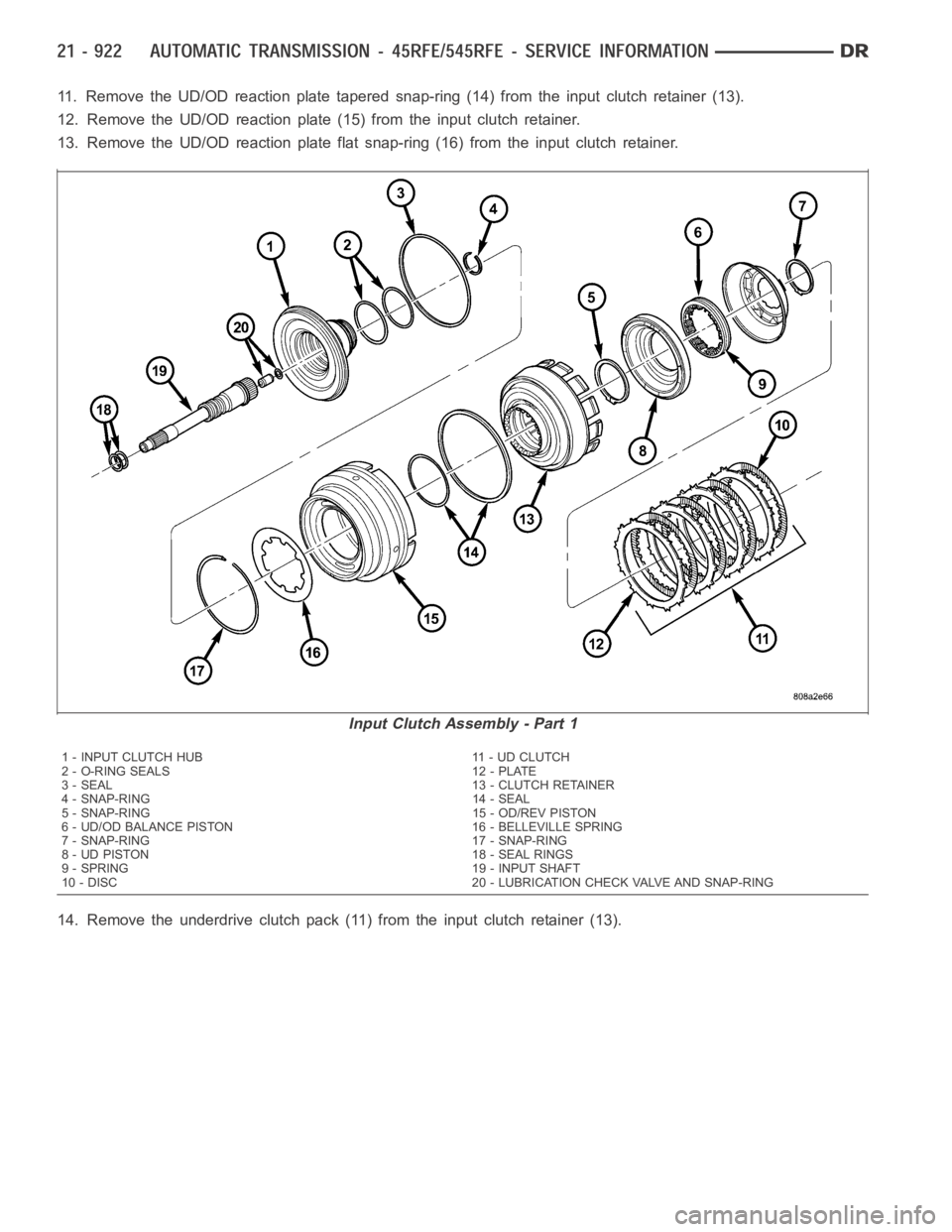 DODGE RAM SRT-10 2006  Service Repair Manual 11. Remove the UD/OD reaction plate tapered snap-ring (14) from the input clutch retainer (13).
12. Remove the UD/OD reaction plate (15) from the input clutch retainer.
13. Remove the UD/OD reaction p