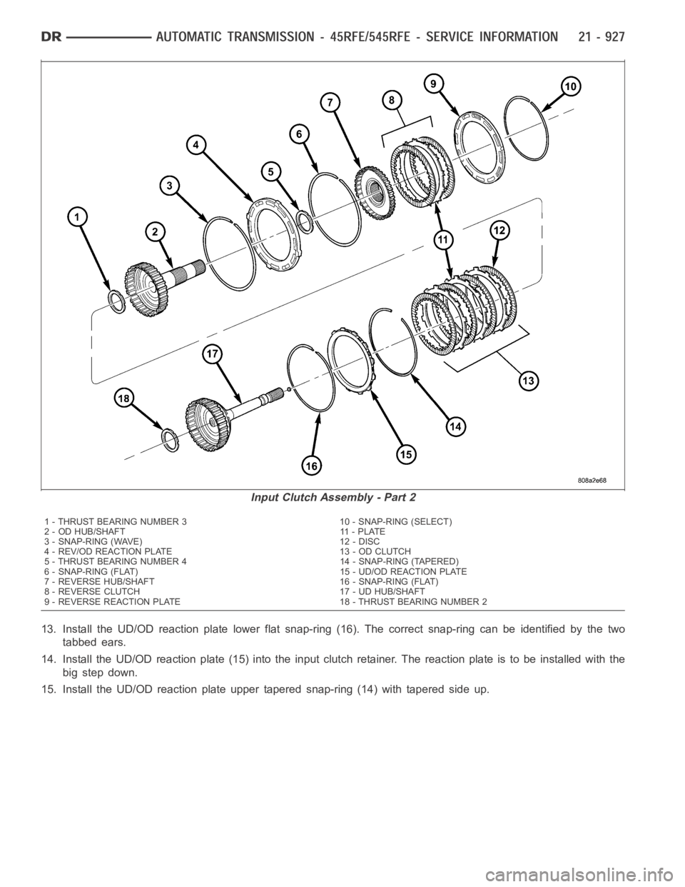 DODGE RAM SRT-10 2006  Service Repair Manual 13. Install the UD/OD reaction plate lower flat snap-ring (16). The correct snap-ring can be identified by the two
tabbed ears.
14. Install the UD/OD reaction plate (15) into the input clutch retainer