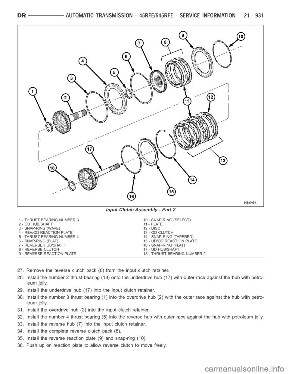 DODGE RAM SRT-10 2006 Service Repair Manual 27. Remove the reverse clutch pack (8) from the input clutch retainer.
28. Install the number 2 thrust bearing (18) onto the underdrive hub (17) with outer race against the hub with petro-
leum jelly. DODGE RAM SRT-10 2006 Service Repair Manual 27. Remove the reverse clutch pack (8) from the input clutch retainer.
28. Install the number 2 thrust bearing (18) onto the underdrive hub (17) with outer race against the hub with petro-
leum jelly.