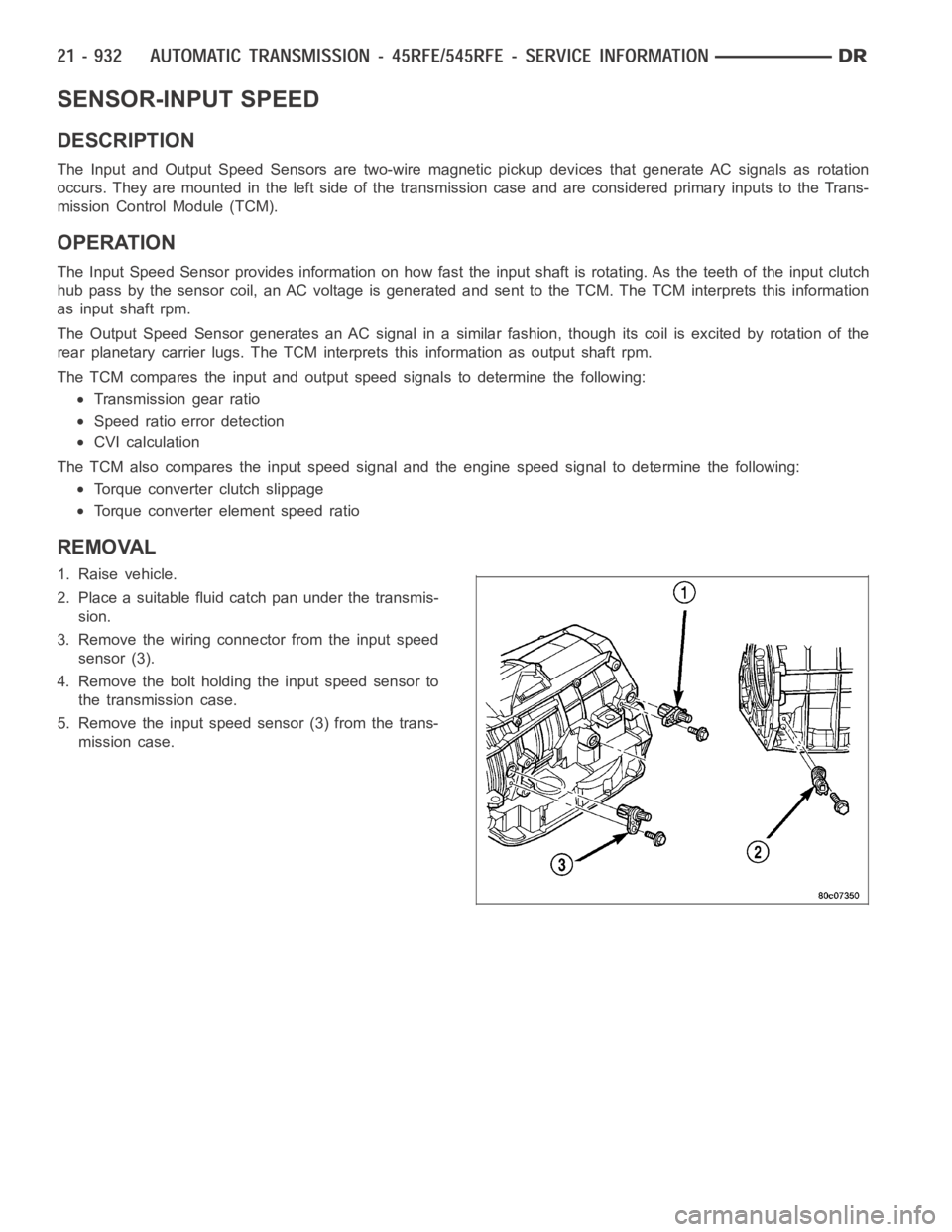 DODGE RAM SRT-10 2006 Service Repair Manual SENSOR-INPUT SPEED
DESCRIPTION
The Input and Output Speed Sensors are two-wire magnetic pickup devices that generate AC signals as rotation
occurs. They are mounted in the left side of the transmissio DODGE RAM SRT-10 2006 Service Repair Manual SENSOR-INPUT SPEED
DESCRIPTION
The Input and Output Speed Sensors are two-wire magnetic pickup devices that generate AC signals as rotation
occurs. They are mounted in the left side of the transmissio