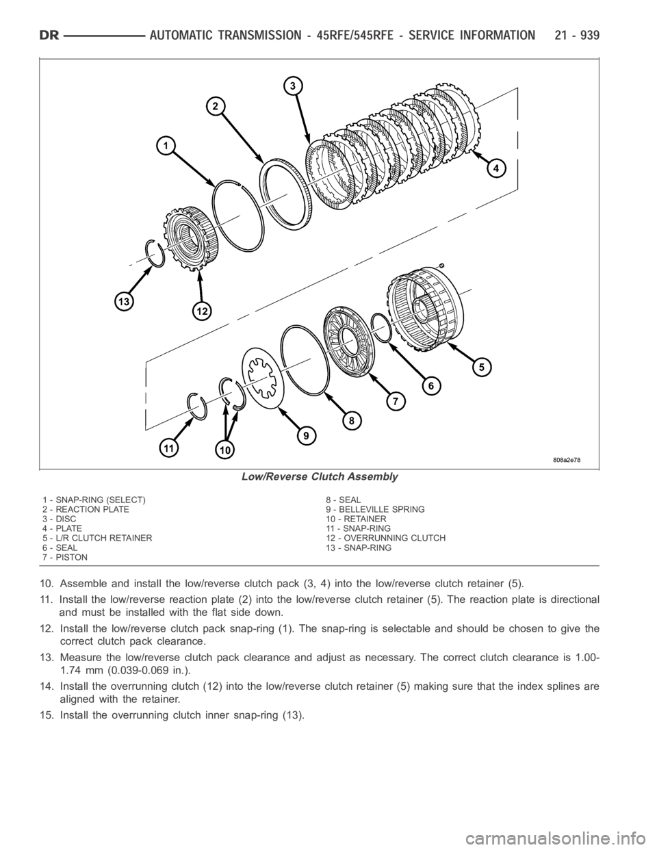 DODGE RAM SRT-10 2006  Service Repair Manual 10. Assemble and install the low/reverse clutch pack (3, 4) into the low/reverse clutch retainer (5).
11. Install the low/reverse reaction plate (2) into the low/reverse clutch retainer (5). The react