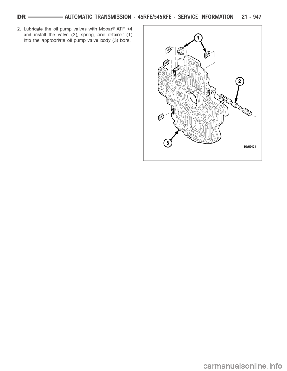 DODGE RAM SRT-10 2006  Service Repair Manual 2. Lubricate the oil pump valves with MoparAT F + 4
and install the valve (2), spring, and retainer (1)
into the appropriate oil pump valve body (3) bore. 