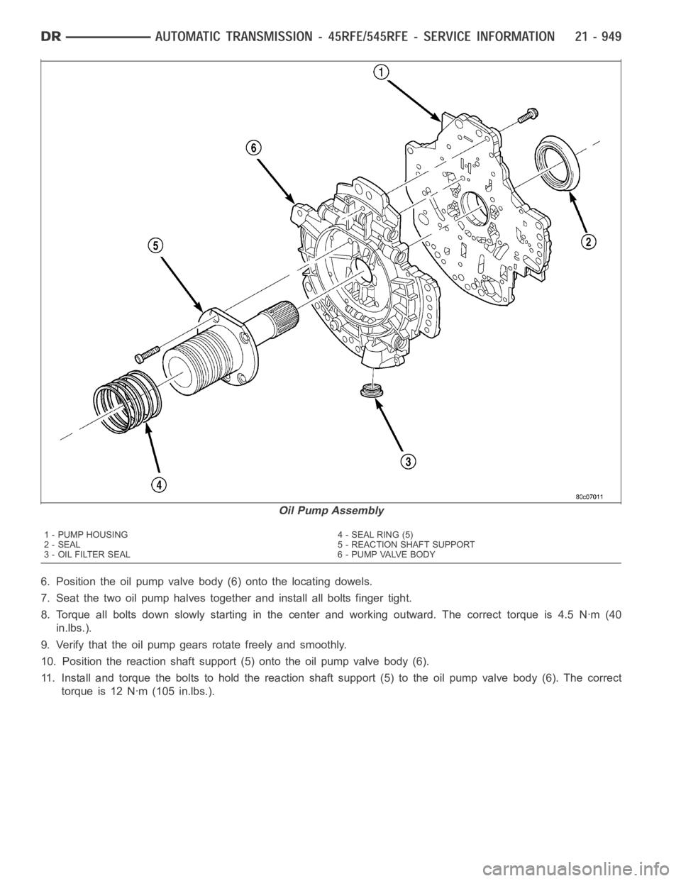 DODGE RAM SRT-10 2006  Service Repair Manual 6. Position the oil pump valve body (6) onto the locating dowels.
7. Seat the two oil pump halves together and install all bolts finger tight.
8. Torque all bolts down slowly starting in the center an