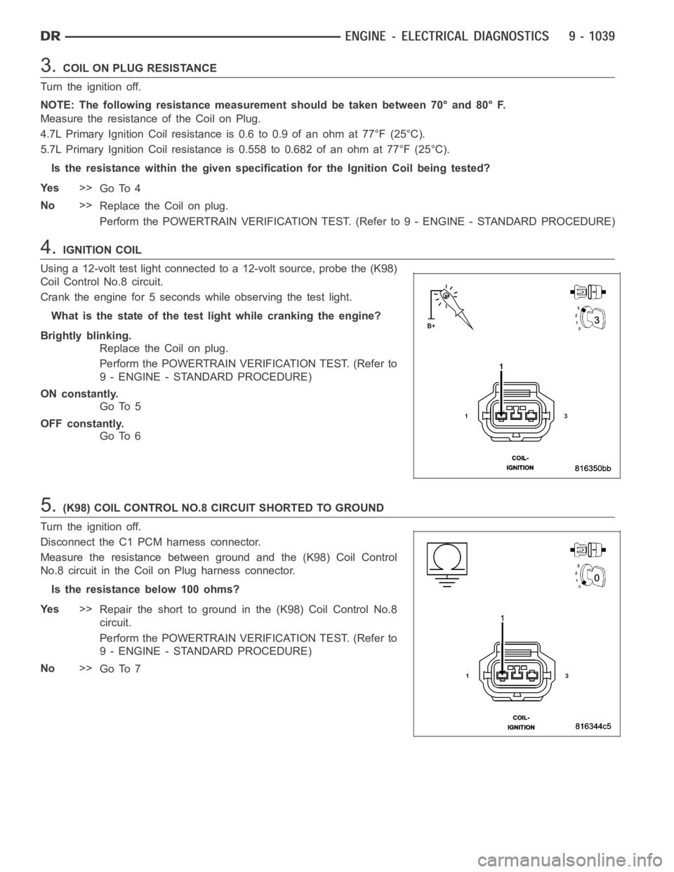 DODGE RAM SRT-10 2006 Service Repair Manual 3.COIL ON PLUG RESISTANCE
Turn the ignition off.
NOTE: The following resistance measurement should be taken between 70° and80°F.
Measure the resistance of the Coil on Plug.
4.7L Primary Ignition Coi DODGE RAM SRT-10 2006 Service Repair Manual 3.COIL ON PLUG RESISTANCE
Turn the ignition off.
NOTE: The following resistance measurement should be taken between 70° and80°F.
Measure the resistance of the Coil on Plug.
4.7L Primary Ignition Coi