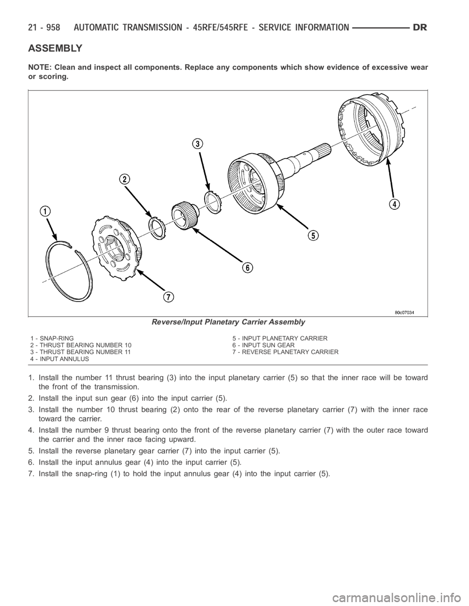 DODGE RAM SRT-10 2006 Service Repair Manual ASSEMBLY
NOTE: Clean and inspect all components. Replace any components which showevidence of excessive wear
or scoring.
1. Install the number 11 thrust bearing (3) into the input planetary carrier (5 DODGE RAM SRT-10 2006 Service Repair Manual ASSEMBLY
NOTE: Clean and inspect all components. Replace any components which showevidence of excessive wear
or scoring.
1. Install the number 11 thrust bearing (3) into the input planetary carrier (5