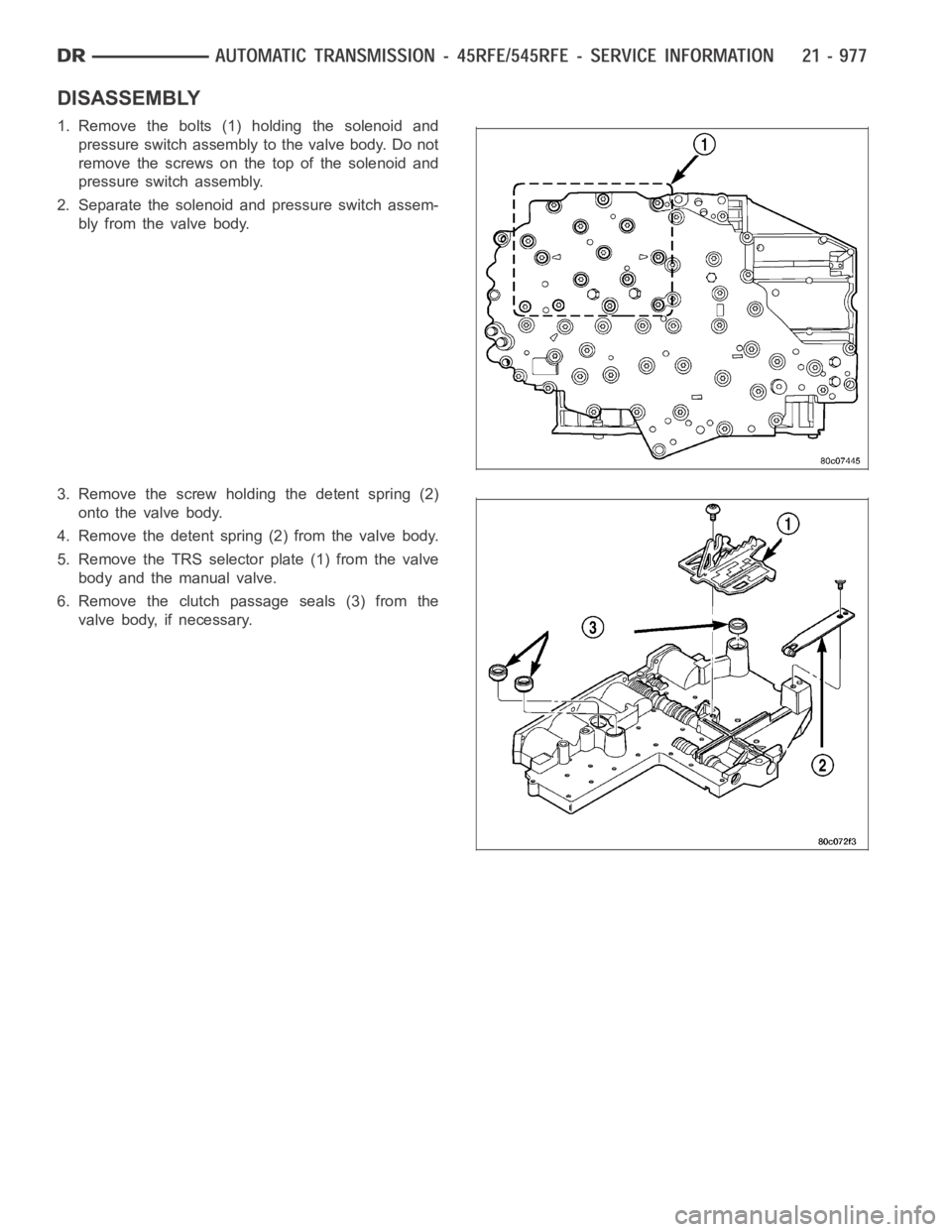DODGE RAM SRT-10 2006  Service Repair Manual DISASSEMBLY
1. Remove the bolts (1) holding the solenoid and
pressure switch assembly to the valve body. Do not
remove the screws on the top of the solenoid and
pressure switch assembly.
2. Separate t