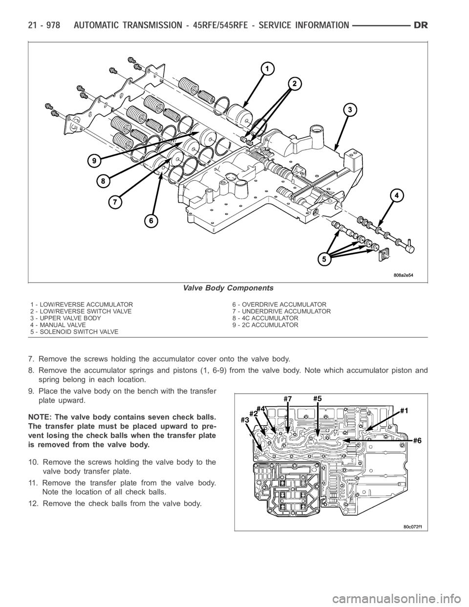 DODGE RAM SRT-10 2006  Service Repair Manual 7. Remove the screws holding the accumulator cover onto the valve body.
8. Remove the accumulator springs and pistons (1, 6-9) from the valve body.Note which accumulator piston and
spring belong in ea