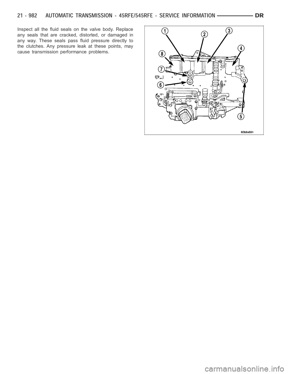 DODGE RAM SRT-10 2006  Service Repair Manual Inspect all the fluid seals on the valve body. Replace
any seals that are cracked, distorted, or damaged in
any way. These seals pass fluid pressure directly to
the clutches. Any pressure leak at thes