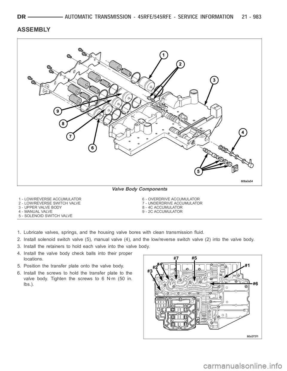 DODGE RAM SRT-10 2006  Service Repair Manual ASSEMBLY
1. Lubricate valves, springs, and the housing valve bores with clean transmission fluid.
2. Install solenoid switch valve (5), manual valve (4), and the low/reverseswitchvalve(2)intothevalveb