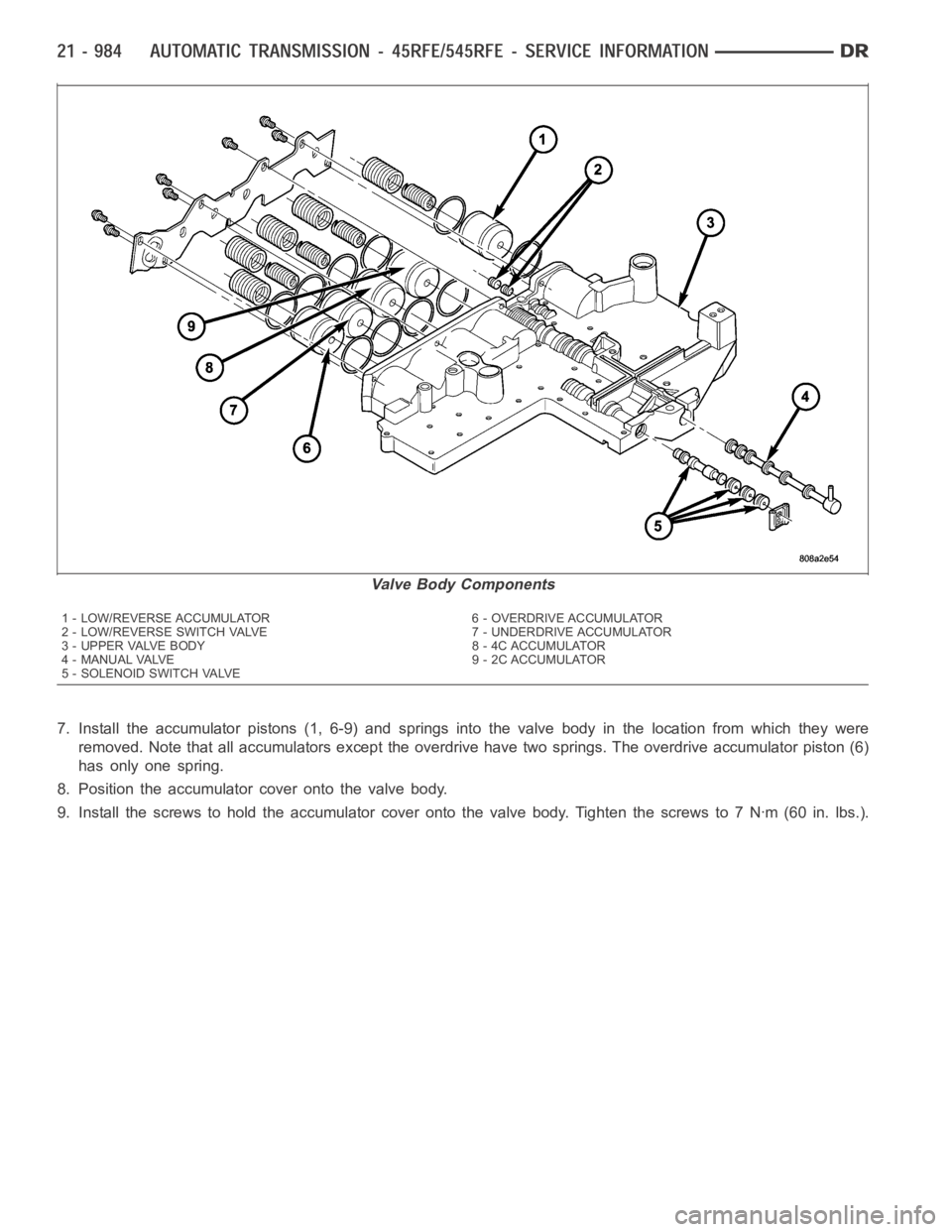 DODGE RAM SRT-10 2006  Service Repair Manual 7. Install the accumulator pistons (1, 6-9) and springs into the valve bodyin the location from which they were
removed. Note that all accumulators except the overdrive have two springs. The overdrive