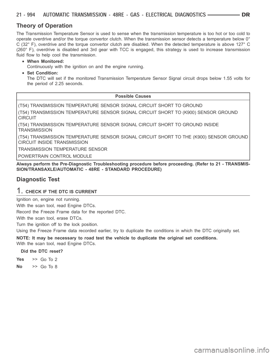 DODGE RAM SRT-10 2006 Service Repair Manual Theory of Operation
The Transmission Temperature Sensor is used to sense when the transmissiontemperatureistoohotortoocoldto
operate overdrive and/or the torque convertor clutch. When the transmission DODGE RAM SRT-10 2006 Service Repair Manual Theory of Operation
The Transmission Temperature Sensor is used to sense when the transmissiontemperatureistoohotortoocoldto
operate overdrive and/or the torque convertor clutch. When the transmission