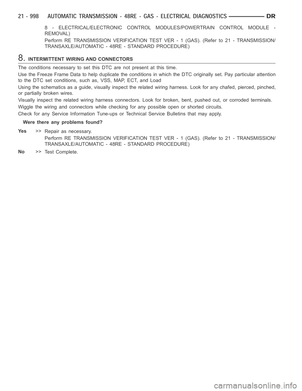 DODGE RAM SRT-10 2006  Service Repair Manual 8 - ELECTRICAL/ELECTRONIC CONTROL MODULES/POWERTRAIN CONTROL MODULE -
REMOVAL)
Perform RE TRANSMISSION VERIFICATION TEST VER - 1 (GAS). (Refer to 21 - TRANSMISSION/
TRANSAXLE/AUTOMATIC - 48RE - STANDA
