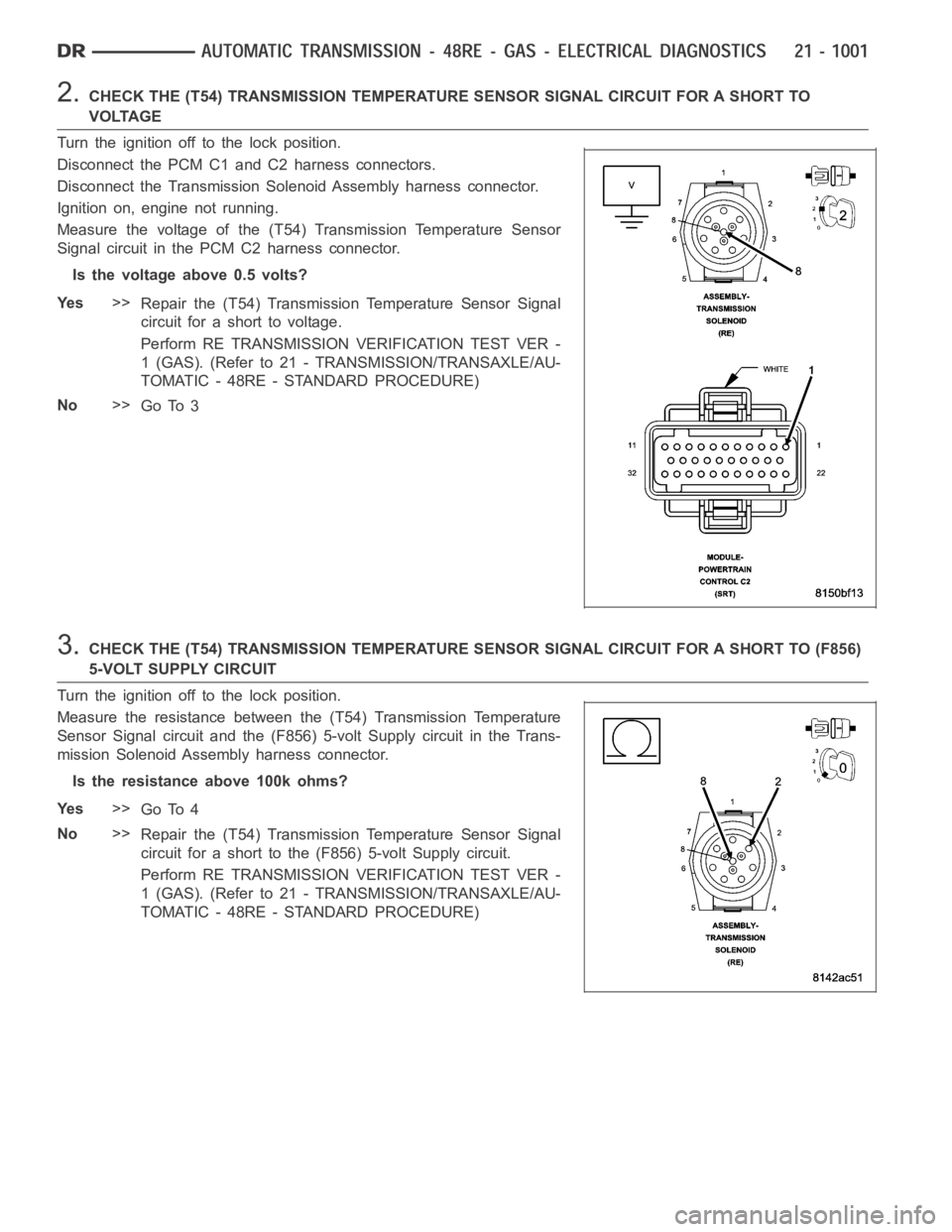 DODGE RAM SRT-10 2006 Service Repair Manual 2.CHECK THE (T54) TRANSMISSION TEMPERATURE SENSOR SIGNAL CIRCUIT FOR A SHORTTO
V O LTA G E
Turn the ignition off to the lock position.
Disconnect the PCM C1 and C2 harness connectors.
Disconnect the T DODGE RAM SRT-10 2006 Service Repair Manual 2.CHECK THE (T54) TRANSMISSION TEMPERATURE SENSOR SIGNAL CIRCUIT FOR A SHORTTO
V O LTA G E
Turn the ignition off to the lock position.
Disconnect the PCM C1 and C2 harness connectors.
Disconnect the T