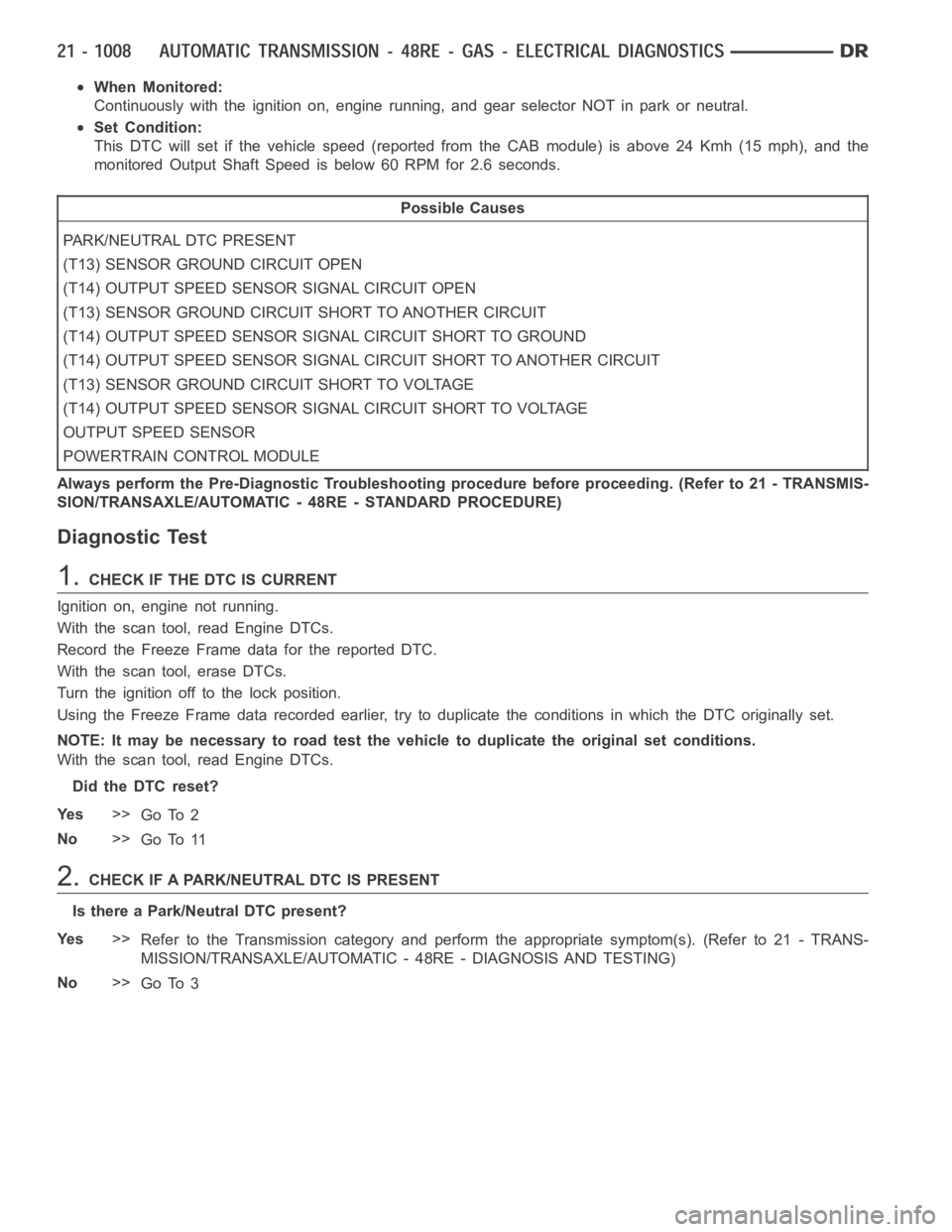 DODGE RAM SRT-10 2006 Service Repair Manual When Monitored:
Continuously with the ignition on, engine running, and gear selector NOT in park or neutral.
Set Condition:
This DTC will set if the vehicle speed (reported from the CAB module) is abo DODGE RAM SRT-10 2006 Service Repair Manual When Monitored:
Continuously with the ignition on, engine running, and gear selector NOT in park or neutral.
Set Condition:
This DTC will set if the vehicle speed (reported from the CAB module) is abo
