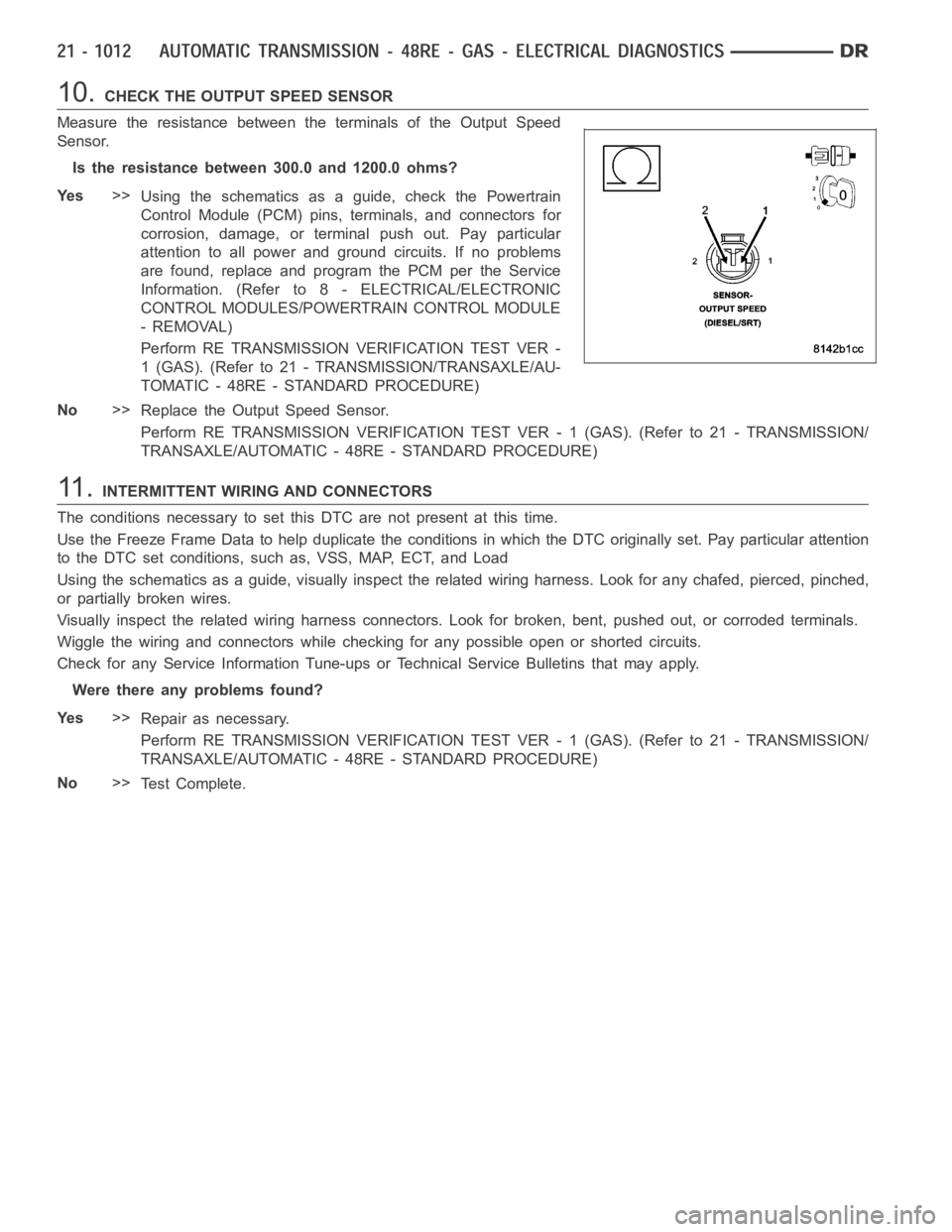 DODGE RAM SRT-10 2006  Service Repair Manual 10.CHECK THE OUTPUT SPEED SENSOR
Measure the resistance between the terminals of the Output Speed
Sensor.
Is the resistance between 300.0 and 1200.0 ohms?
Ye s>>
Using the schematics as a guide, check
