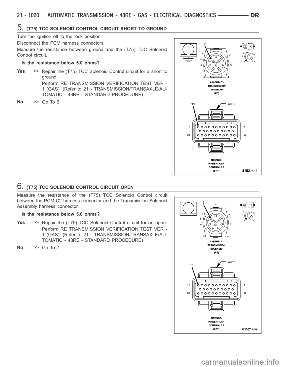 DODGE RAM SRT-10 2006  Service Repair Manual 5.(T75) TCC SOLENOID CONTROL CIRCUIT SHORT TO GROUND
Turn the ignition off to the lock position.
Disconnect the PCM harness connectors.
Measure the resistance between ground and the (T75) TCC Solenoid