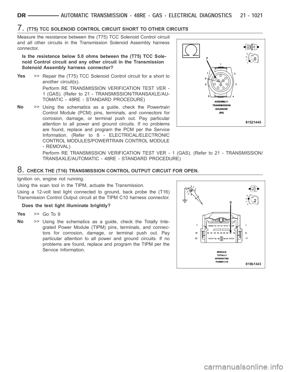 DODGE RAM SRT-10 2006 Service Repair Manual 7.(T75) TCC SOLENOID CONTROL CIRCUIT SHORT TO OTHER CIRCUITS
Measure the resistance between the (T75) TCC Solenoid Control circuit
and all other circuits in the Transmission Solenoid Assembly harness
DODGE RAM SRT-10 2006 Service Repair Manual 7.(T75) TCC SOLENOID CONTROL CIRCUIT SHORT TO OTHER CIRCUITS
Measure the resistance between the (T75) TCC Solenoid Control circuit
and all other circuits in the Transmission Solenoid Assembly harness