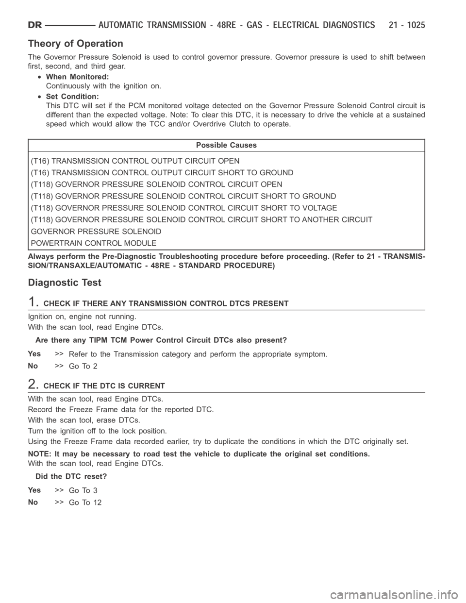 DODGE RAM SRT-10 2006  Service Repair Manual Theory of Operation
The Governor Pressure Solenoid is used to control governor pressure. Governor pressure is used to shift between
first, second, and third gear.
When Monitored:
Continuously with the