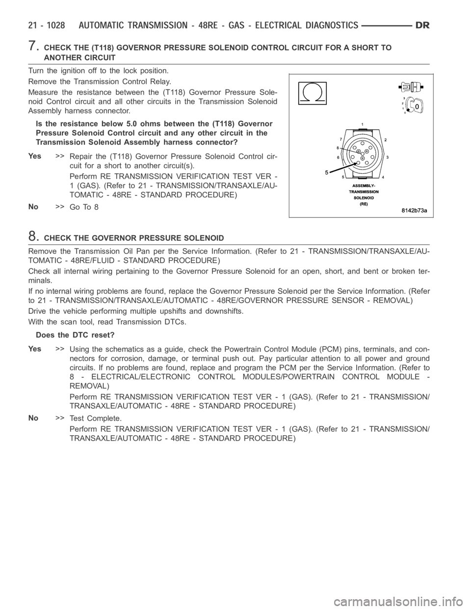 DODGE RAM SRT-10 2006  Service Repair Manual 7.CHECK THE (T118) GOVERNOR PRESSURE SOLENOID CONTROL CIRCUIT FOR A SHORT TO
ANOTHER CIRCUIT
Turn the ignition off to the lock position.
Remove the Transmission Control Relay.
Measure the resistance b