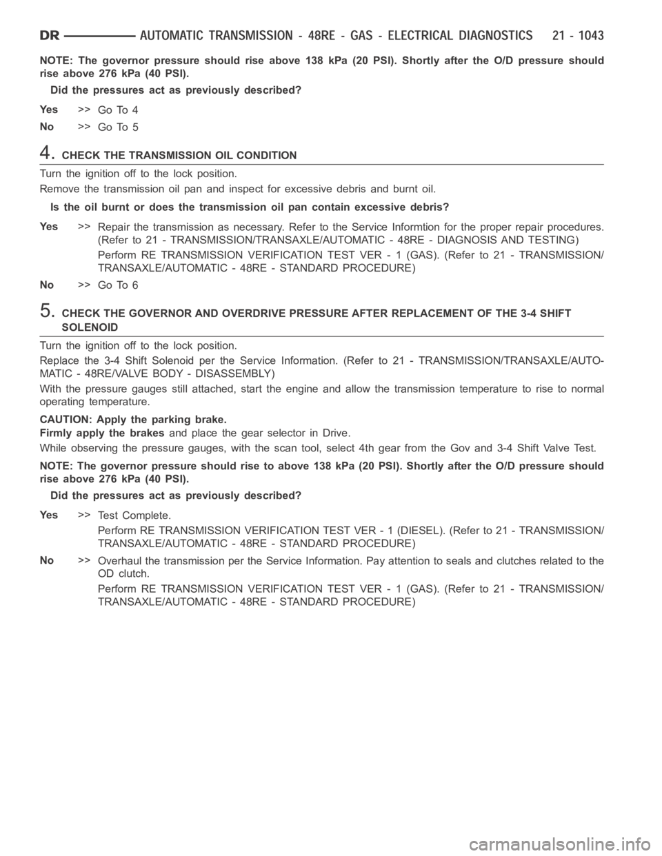 DODGE RAM SRT-10 2006 Service Repair Manual NOTE: The governor pressure should rise above 138 kPa (20 PSI). Shortly after the O/D pressure should
rise above 276 kPa (40 PSI).
Did the pressures act as previously described?
Ye s>>
Go To 4
No>>
Go DODGE RAM SRT-10 2006 Service Repair Manual NOTE: The governor pressure should rise above 138 kPa (20 PSI). Shortly after the O/D pressure should
rise above 276 kPa (40 PSI).
Did the pressures act as previously described?
Ye s>>
Go To 4
No>>
Go