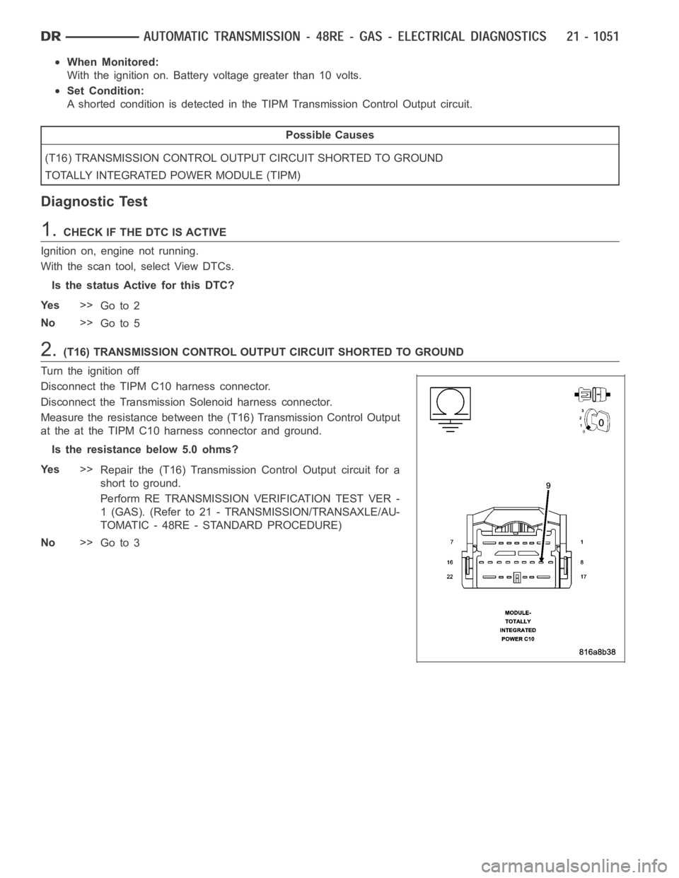 DODGE RAM SRT-10 2006 Service Repair Manual When Monitored:
With the ignition on. Battery voltage greater than 10 volts.
Set Condition:
A shorted condition is detected in the TIPM Transmission Control Output circuit.
Possible Causes
(T16) TRANS DODGE RAM SRT-10 2006 Service Repair Manual When Monitored:
With the ignition on. Battery voltage greater than 10 volts.
Set Condition:
A shorted condition is detected in the TIPM Transmission Control Output circuit.
Possible Causes
(T16) TRANS