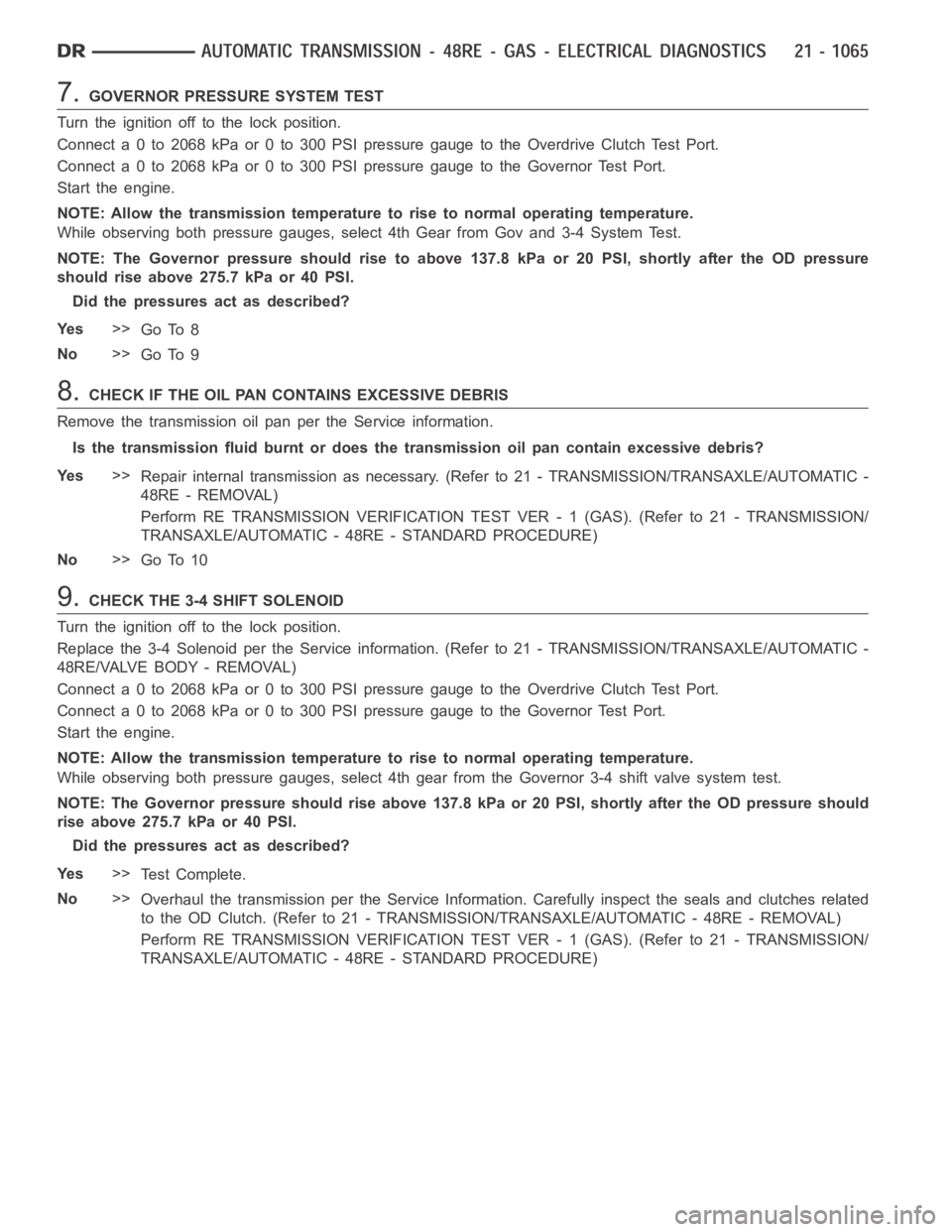 DODGE RAM SRT-10 2006 Service Repair Manual 7.GOVERNOR PRESSURE SYSTEM TEST
Turn the ignition off to the lock position.
Connect a 0 to 2068 kPa or 0 to 300 PSI pressure gauge to the Overdrive Clutch Test Port.
Connect a 0 to 2068 kPa or 0 to 30 DODGE RAM SRT-10 2006 Service Repair Manual 7.GOVERNOR PRESSURE SYSTEM TEST
Turn the ignition off to the lock position.
Connect a 0 to 2068 kPa or 0 to 300 PSI pressure gauge to the Overdrive Clutch Test Port.
Connect a 0 to 2068 kPa or 0 to 30