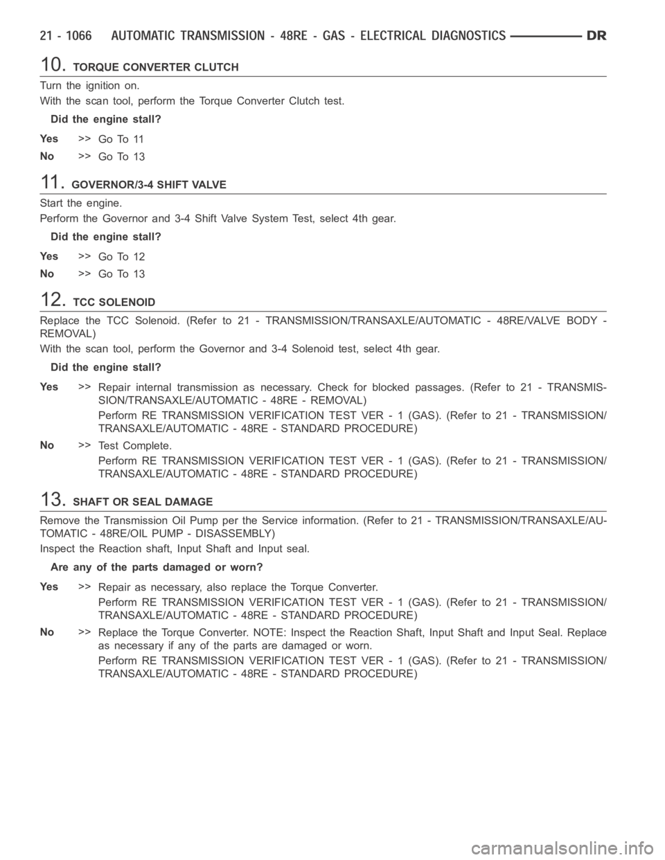 DODGE RAM SRT-10 2006 Service Repair Manual 10.TORQUE CONVERTER CLUTCH
Turn the ignition on.
With the scan tool, perform the Torque Converter Clutch test.
Did the engine stall?
Ye s>>
Go To 11
No>>
Go To 13
11 .GOVERNOR/3-4 SHIFT VALVE
Start th DODGE RAM SRT-10 2006 Service Repair Manual 10.TORQUE CONVERTER CLUTCH
Turn the ignition on.
With the scan tool, perform the Torque Converter Clutch test.
Did the engine stall?
Ye s>>
Go To 11
No>>
Go To 13
11 .GOVERNOR/3-4 SHIFT VALVE
Start th