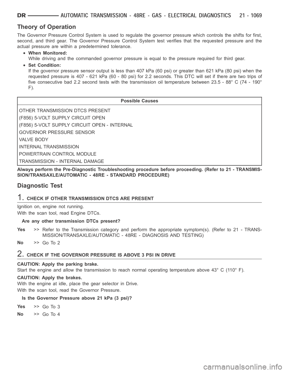 DODGE RAM SRT-10 2006  Service Repair Manual Theory of Operation
The Governor Pressure Control System is used to regulate the governor pressure which controls the shifts for first,
second, and third gear. The Governor Pressure Control System tes