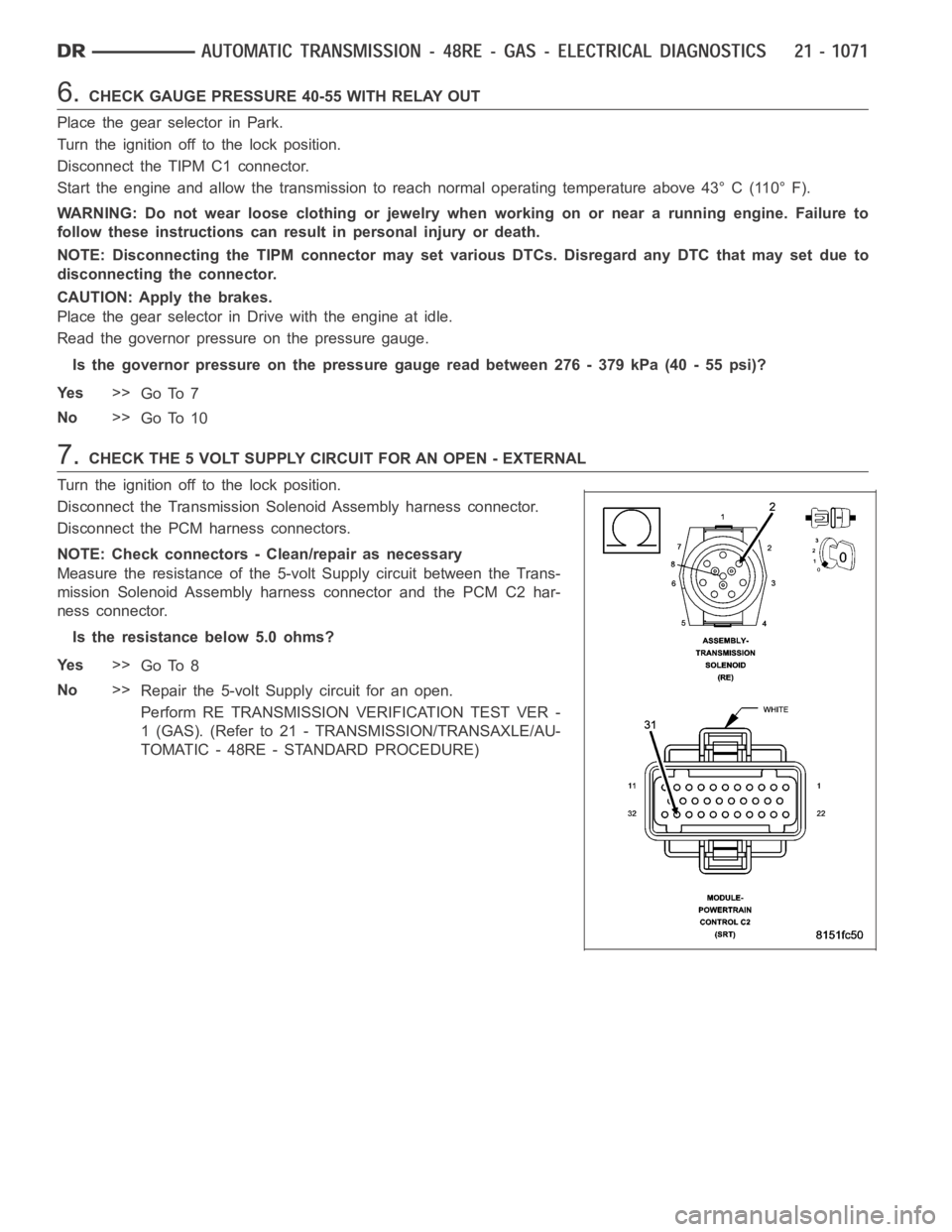 DODGE RAM SRT-10 2006 Service Repair Manual 6.CHECK GAUGE PRESSURE 40-55 WITH RELAY OUT
Place the gear selector in Park.
Turn the ignition off to the lock position.
Disconnect the TIPM C1 connector.
Start the engine and allow the transmission t DODGE RAM SRT-10 2006 Service Repair Manual 6.CHECK GAUGE PRESSURE 40-55 WITH RELAY OUT
Place the gear selector in Park.
Turn the ignition off to the lock position.
Disconnect the TIPM C1 connector.
Start the engine and allow the transmission t