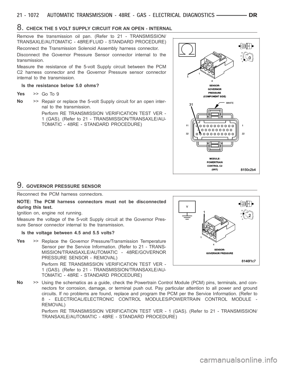 DODGE RAM SRT-10 2006  Service Repair Manual 8.CHECK THE 5 VOLT SUPPLY CIRCUIT FOR AN OPEN - INTERNAL
Remove the transmission oil pan. (Refer to 21 - TRANSMISSION/
TRANSAXLE/AUTOMATIC - 48RE/FLUID - STANDARD PROCEDURE)
Reconnect the Transmission