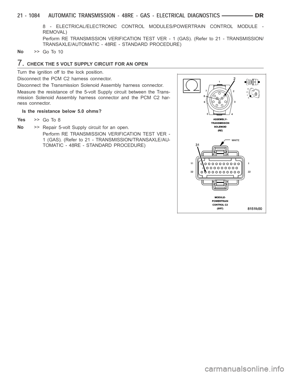 DODGE RAM SRT-10 2006  Service Repair Manual 8 - ELECTRICAL/ELECTRONIC CONTROL MODULES/POWERTRAIN CONTROL MODULE -
REMOVAL)
Perform RE TRANSMISSION VERIFICATION TEST VER - 1 (GAS). (Refer to 21 - TRANSMISSION/
TRANSAXLE/AUTOMATIC - 48RE - STANDA