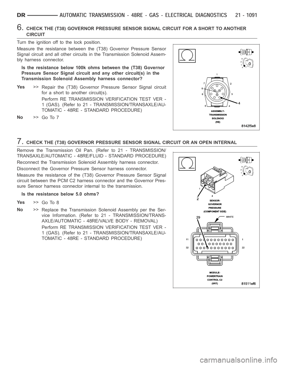 DODGE RAM SRT-10 2006 Service Repair Manual 6.CHECK THE (T38) GOVERNOR PRESSURE SENSOR SIGNAL CIRCUIT FOR A SHORT TO ANOTHER
CIRCUIT
Turn the ignition off to the lock position.
Measure the resistance between the (T38) Governor Pressure Sensor
S DODGE RAM SRT-10 2006 Service Repair Manual 6.CHECK THE (T38) GOVERNOR PRESSURE SENSOR SIGNAL CIRCUIT FOR A SHORT TO ANOTHER
CIRCUIT
Turn the ignition off to the lock position.
Measure the resistance between the (T38) Governor Pressure Sensor
S
