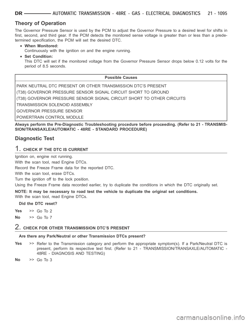 DODGE RAM SRT-10 2006  Service Repair Manual Theory of Operation
The Governor Pressure Sensor is used by the PCM to adjust the Governor Pressure to a desired level for shifts in
first, second, and third gear. If the PCM detects the monitored sen