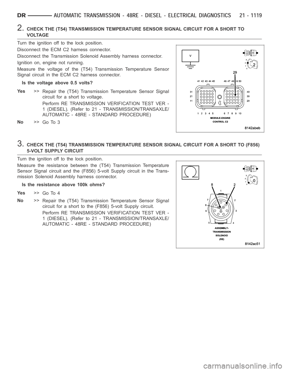 DODGE RAM SRT-10 2006 Service Repair Manual 2.CHECK THE (T54) TRANSMISSION TEMPERATURE SENSOR SIGNAL CIRCUIT FOR A SHORTTO
V O LTA G E
Turn the ignition off to the lock position.
Disconnect the ECM C2 harness connector.
Disconnect the Transmiss DODGE RAM SRT-10 2006 Service Repair Manual 2.CHECK THE (T54) TRANSMISSION TEMPERATURE SENSOR SIGNAL CIRCUIT FOR A SHORTTO
V O LTA G E
Turn the ignition off to the lock position.
Disconnect the ECM C2 harness connector.
Disconnect the Transmiss