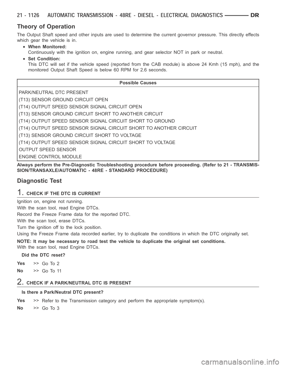 DODGE RAM SRT-10 2006  Service Repair Manual Theory of Operation
The Output Shaft speed and other inputs are used to determine the current governor pressure. This directly effects
which gear the vehicle is in.
When Monitored:
Continuously with t