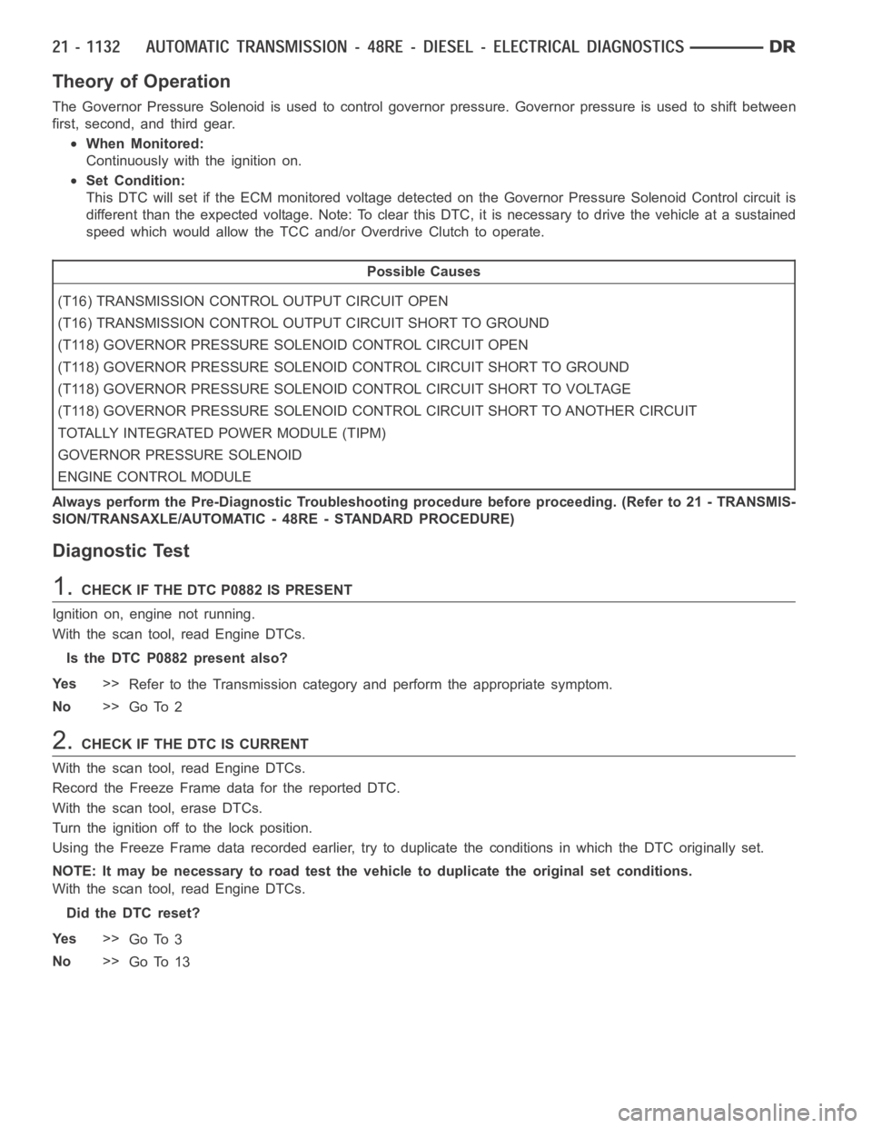 DODGE RAM SRT-10 2006 Service Repair Manual Theory of Operation
The Governor Pressure Solenoid is used to control governor pressure. Governor pressure is used to shift between
first, second, and third gear.
When Monitored:
Continuously with the DODGE RAM SRT-10 2006 Service Repair Manual Theory of Operation
The Governor Pressure Solenoid is used to control governor pressure. Governor pressure is used to shift between
first, second, and third gear.
When Monitored:
Continuously with the