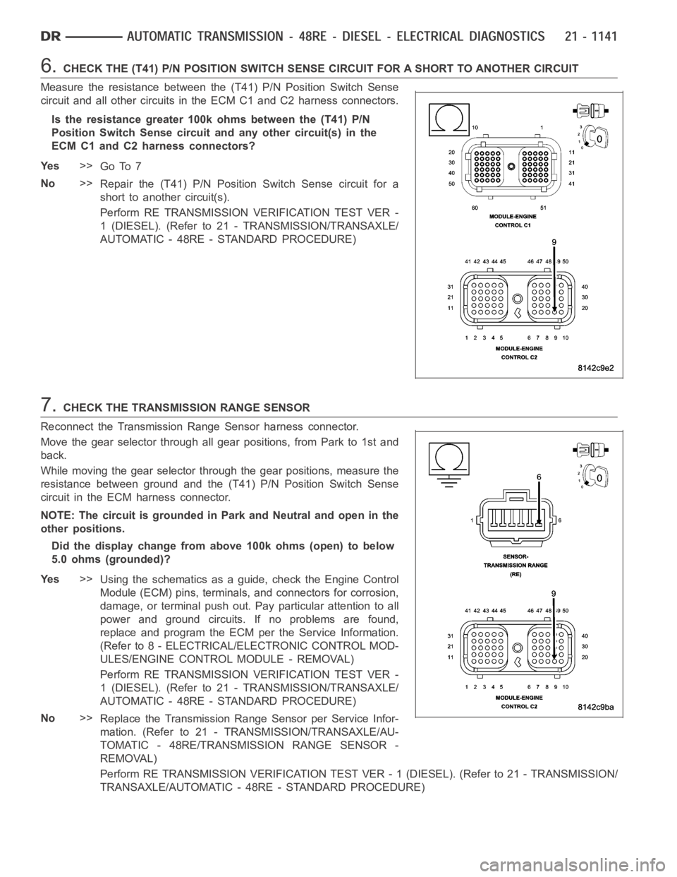 DODGE RAM SRT-10 2006  Service Repair Manual 6.CHECK THE (T41) P/N POSITION SWITCH SENSE CIRCUIT FOR A SHORT TO ANOTHER CIRCUIT
Measure the resistance between the (T41) P/N Position Switch Sense
circuit and all other circuits in the ECM C1 and C