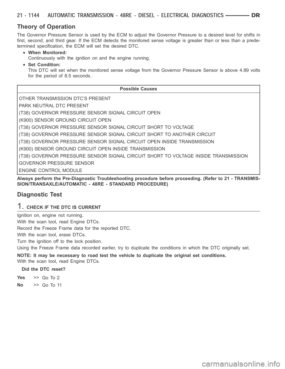 DODGE RAM SRT-10 2006 Service Repair Manual Theory of Operation
The Governor Pressure Sensor is used by the ECM to adjust the Governor Pressure to a desired level for shifts in
first, second, and third gear. If the ECM detects the monitored sen DODGE RAM SRT-10 2006 Service Repair Manual Theory of Operation
The Governor Pressure Sensor is used by the ECM to adjust the Governor Pressure to a desired level for shifts in
first, second, and third gear. If the ECM detects the monitored sen