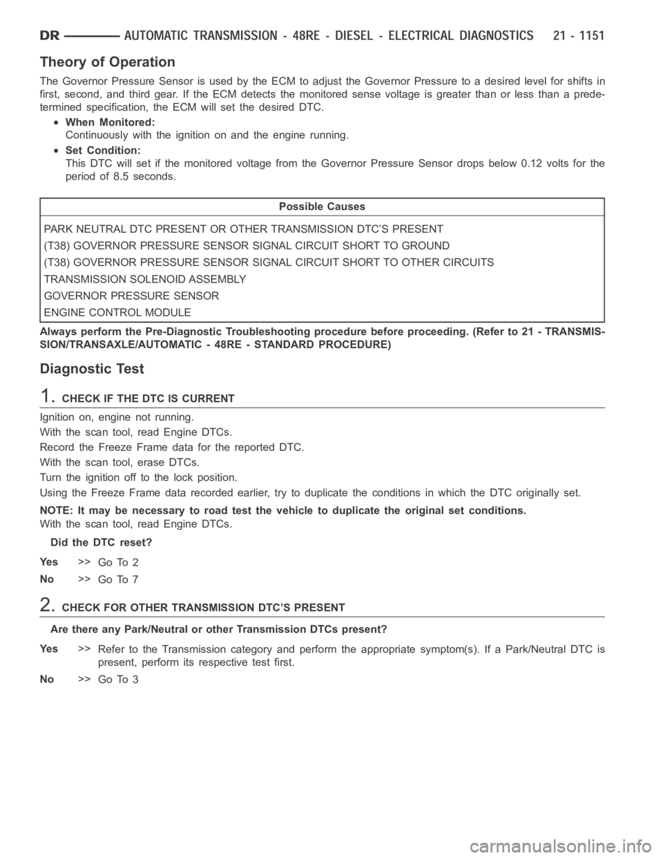 DODGE RAM SRT-10 2006 Service Repair Manual Theory of Operation
The Governor Pressure Sensor is used by the ECM to adjust the Governor Pressure to a desired level for shifts in
first, second, and third gear. If the ECM detects the monitored sen DODGE RAM SRT-10 2006 Service Repair Manual Theory of Operation
The Governor Pressure Sensor is used by the ECM to adjust the Governor Pressure to a desired level for shifts in
first, second, and third gear. If the ECM detects the monitored sen