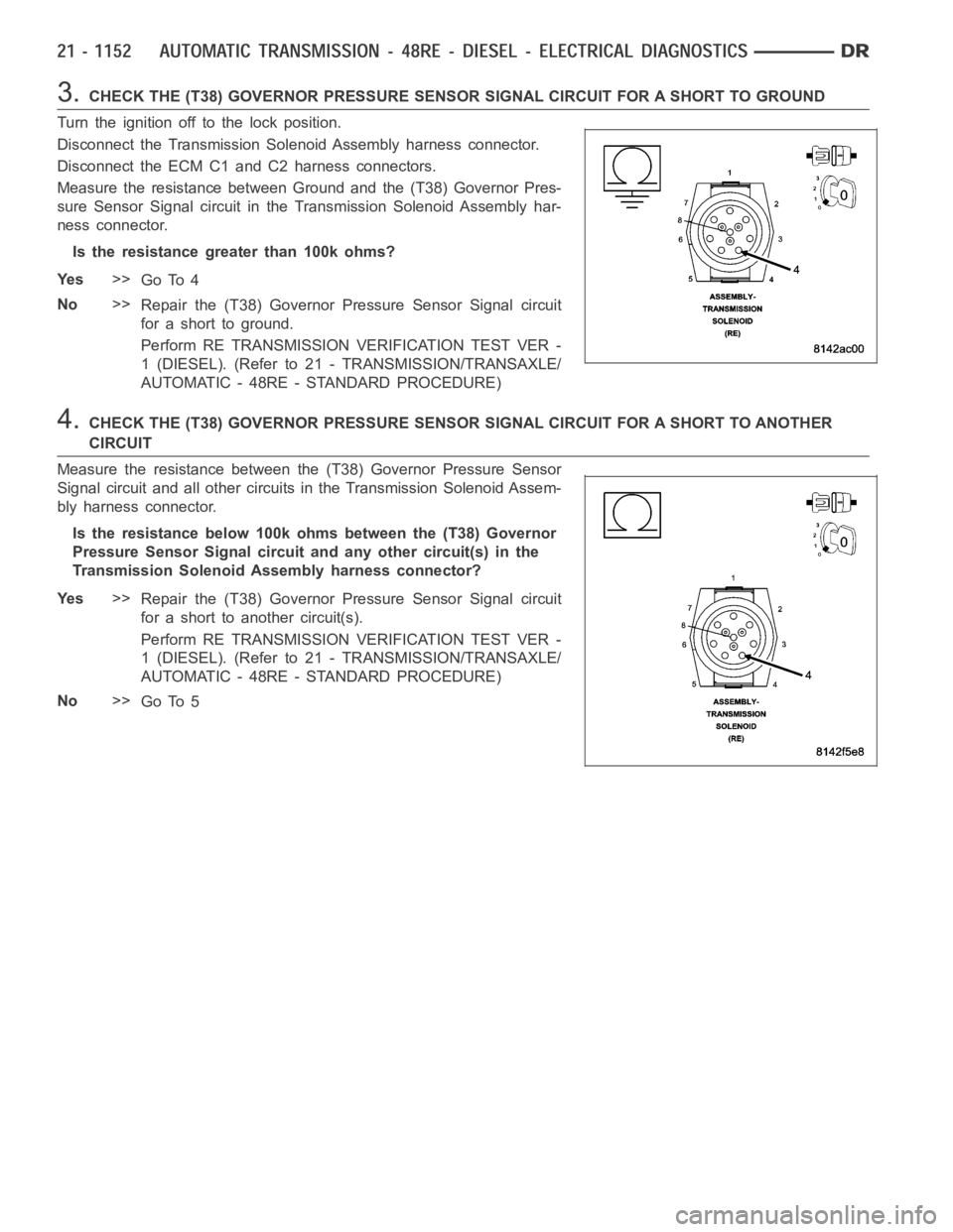 DODGE RAM SRT-10 2006 Service Repair Manual 3.CHECK THE (T38) GOVERNOR PRESSURESENSOR SIGNAL CIRCUIT FOR A SHORT TO GROUND
Turn the ignition off to the lock position.
Disconnect the Transmission Solenoid Assembly harness connector.
Disconnect t DODGE RAM SRT-10 2006 Service Repair Manual 3.CHECK THE (T38) GOVERNOR PRESSURESENSOR SIGNAL CIRCUIT FOR A SHORT TO GROUND
Turn the ignition off to the lock position.
Disconnect the Transmission Solenoid Assembly harness connector.
Disconnect t