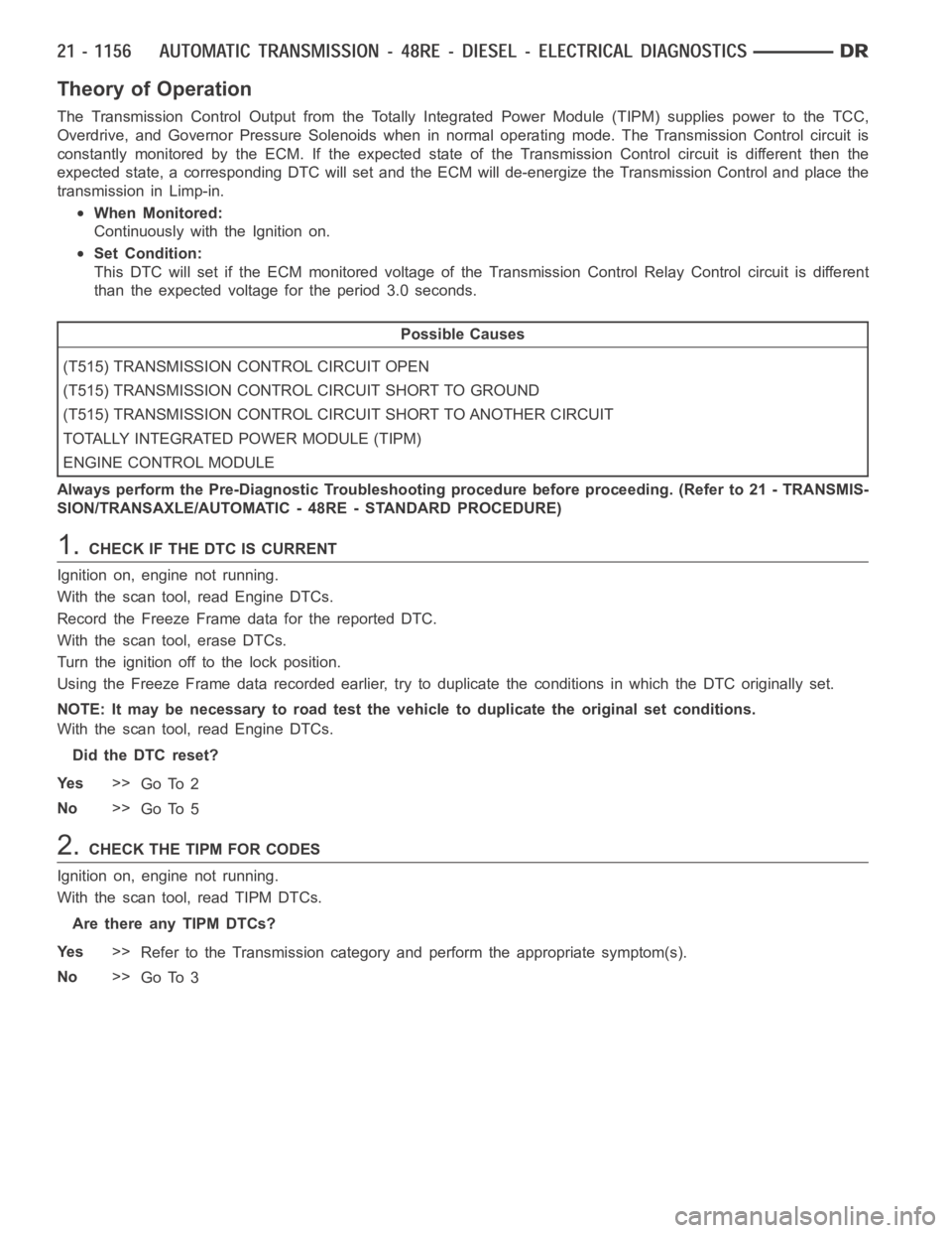 DODGE RAM SRT-10 2006  Service Repair Manual Theory of Operation
The Transmission Control Output from the Totally Integrated Power Module(TIPM) supplies power to the TCC,
Overdrive, and Governor Pressure Solenoids when in normal operating mode. 
