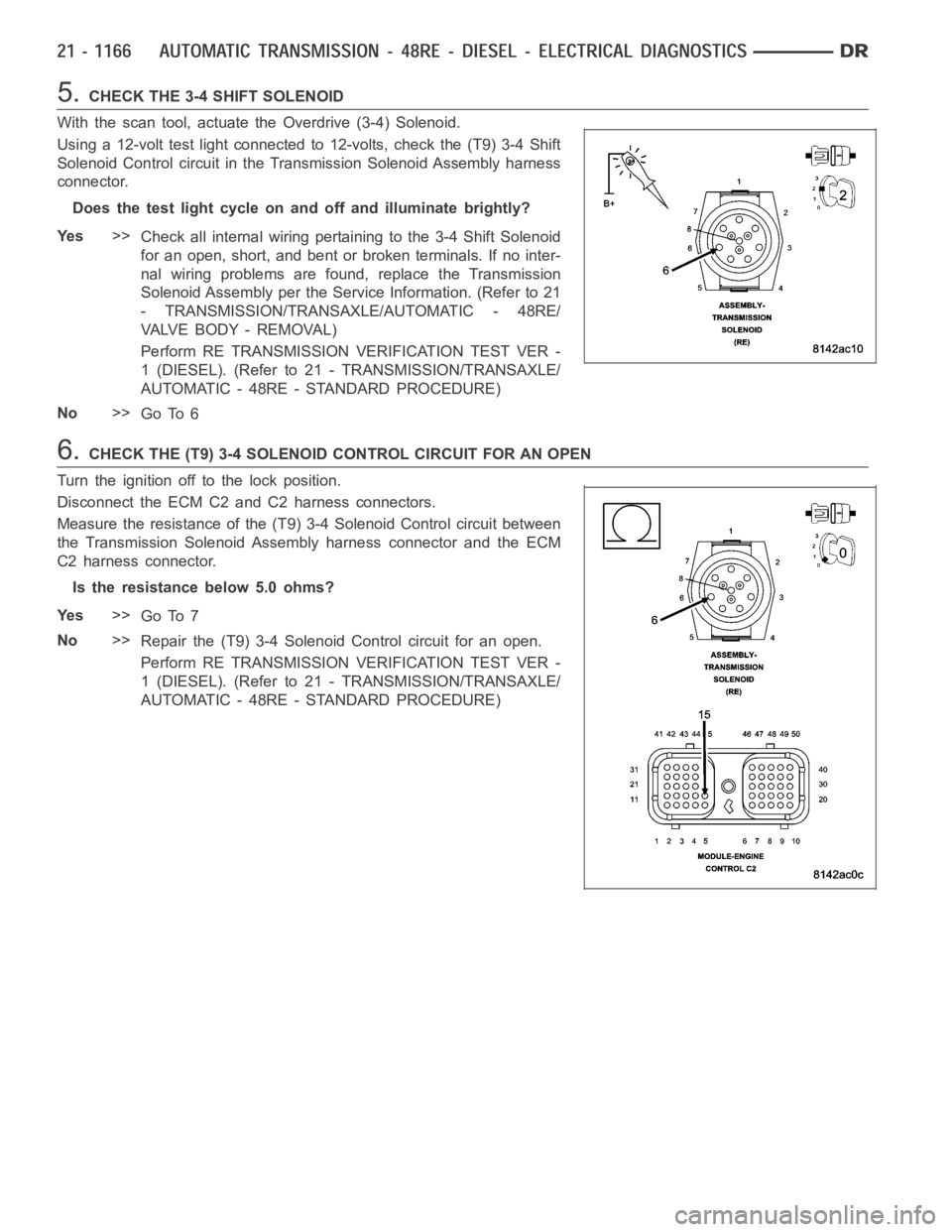 DODGE RAM SRT-10 2006 Service Repair Manual 5.CHECK THE 3-4 SHIFT SOLENOID
With the scan tool, actuate the Overdrive (3-4) Solenoid.
Using a 12-volt test light connected to 12-volts, check the (T9) 3-4 Shift
Solenoid Control circuit in the Tran DODGE RAM SRT-10 2006 Service Repair Manual 5.CHECK THE 3-4 SHIFT SOLENOID
With the scan tool, actuate the Overdrive (3-4) Solenoid.
Using a 12-volt test light connected to 12-volts, check the (T9) 3-4 Shift
Solenoid Control circuit in the Tran