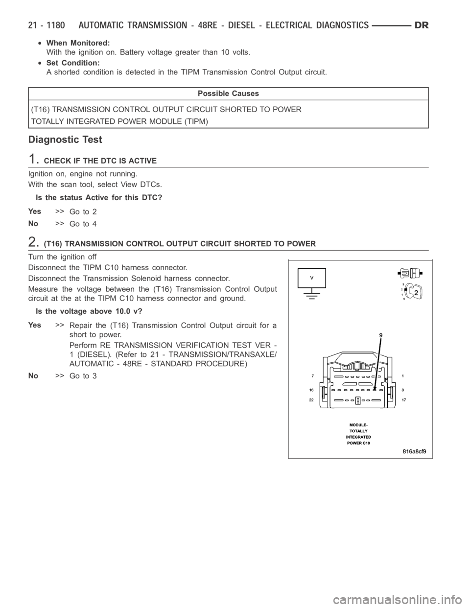 DODGE RAM SRT-10 2006 Service Repair Manual When Monitored:
With the ignition on. Battery voltage greater than 10 volts.
Set Condition:
A shorted condition is detected in the TIPM Transmission Control Output circuit.
Possible Causes
(T16) TRANS DODGE RAM SRT-10 2006 Service Repair Manual When Monitored:
With the ignition on. Battery voltage greater than 10 volts.
Set Condition:
A shorted condition is detected in the TIPM Transmission Control Output circuit.
Possible Causes
(T16) TRANS