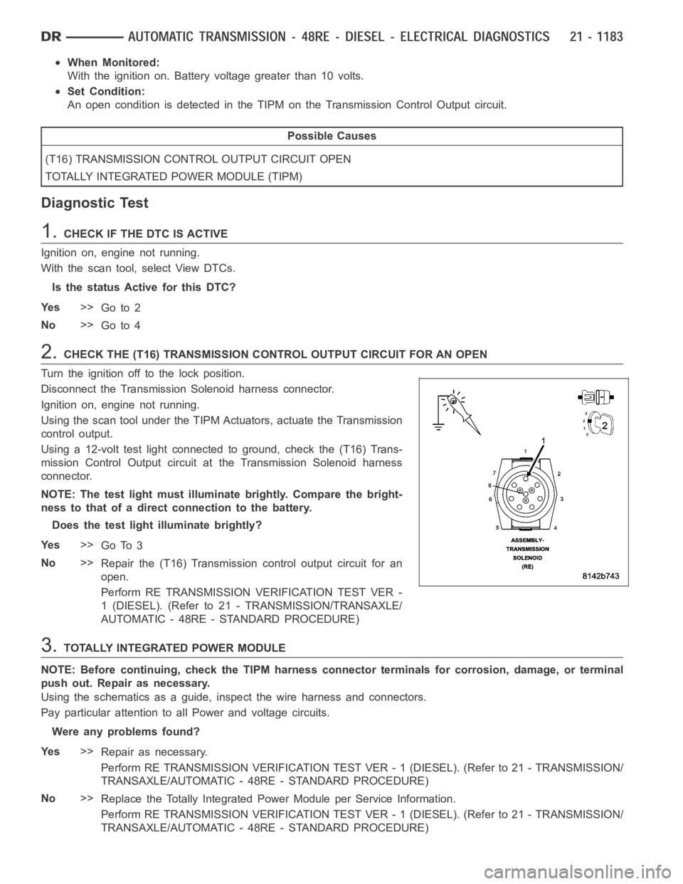 DODGE RAM SRT-10 2006 Service Repair Manual When Monitored:
With the ignition on. Battery voltage greater than 10 volts.
Set Condition:
An open condition is detected in the TIPM on the Transmission Control Output circuit.
Possible Causes
(T16) DODGE RAM SRT-10 2006 Service Repair Manual When Monitored:
With the ignition on. Battery voltage greater than 10 volts.
Set Condition:
An open condition is detected in the TIPM on the Transmission Control Output circuit.
Possible Causes
(T16)