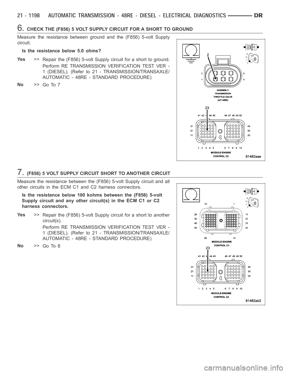 DODGE RAM SRT-10 2006  Service Repair Manual 6.CHECK THE (F856) 5 VOLT SUPPLY CIRCUIT FOR A SHORT TO GROUND
Measure the resistance between ground and the (F856) 5-volt Supply
circuit.
Is the resistance below 5.0 ohms?
Ye s>>
Repair the (F856) 5-