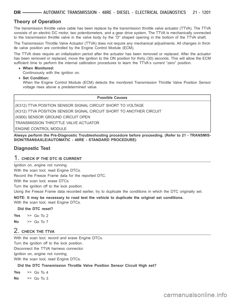 DODGE RAM SRT-10 2006  Service Repair Manual Theory of Operation
The transmission throttle valve cable has been replace by the transmission throttle valve actuator (TTVA). The TTVA
consists of an electric DC motor, two potentiometers, and a gear