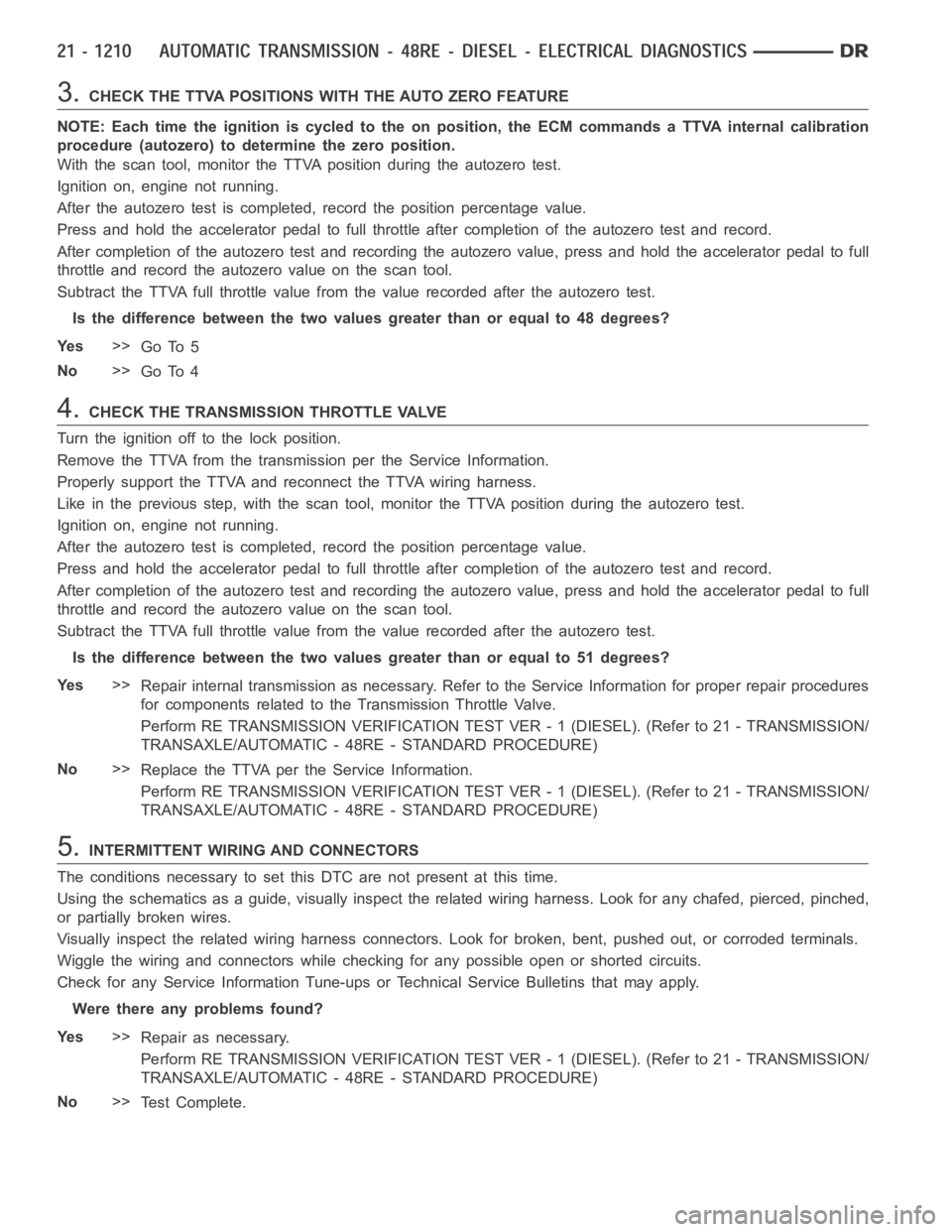 DODGE RAM SRT-10 2006 Service Repair Manual 3.CHECK THE TTVA POSITIONS WITH THE AUTO ZERO FEATURE
NOTE: Each time the ignition is cycled to the on position, the ECM commands aTTVA internal calibration
procedure (autozero) to determine the zero DODGE RAM SRT-10 2006 Service Repair Manual 3.CHECK THE TTVA POSITIONS WITH THE AUTO ZERO FEATURE
NOTE: Each time the ignition is cycled to the on position, the ECM commands aTTVA internal calibration
procedure (autozero) to determine the zero